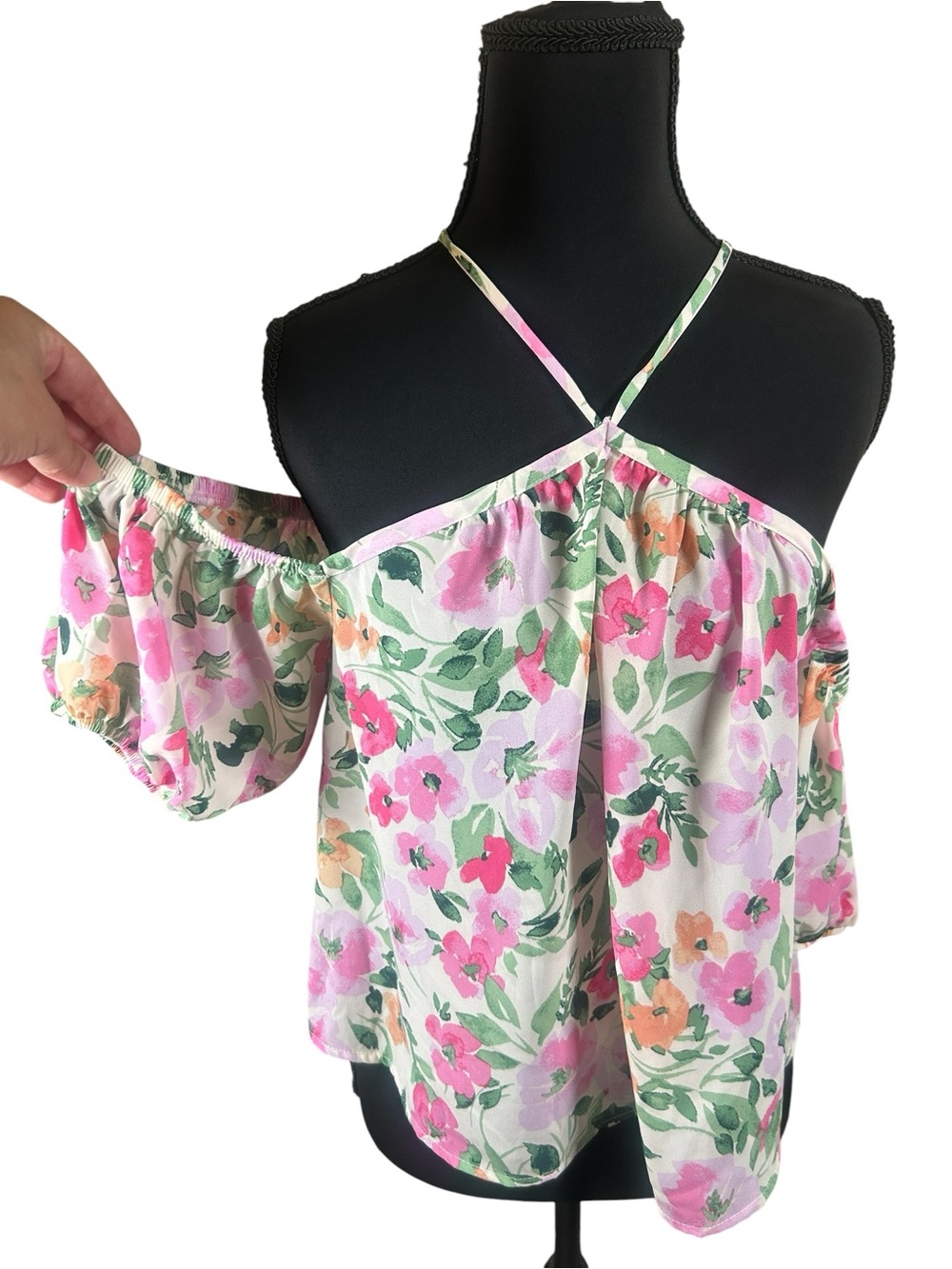 Sienna Sky Floral Cold Shoulder Halter Top Size M Pink Green Boho Summer Tunic